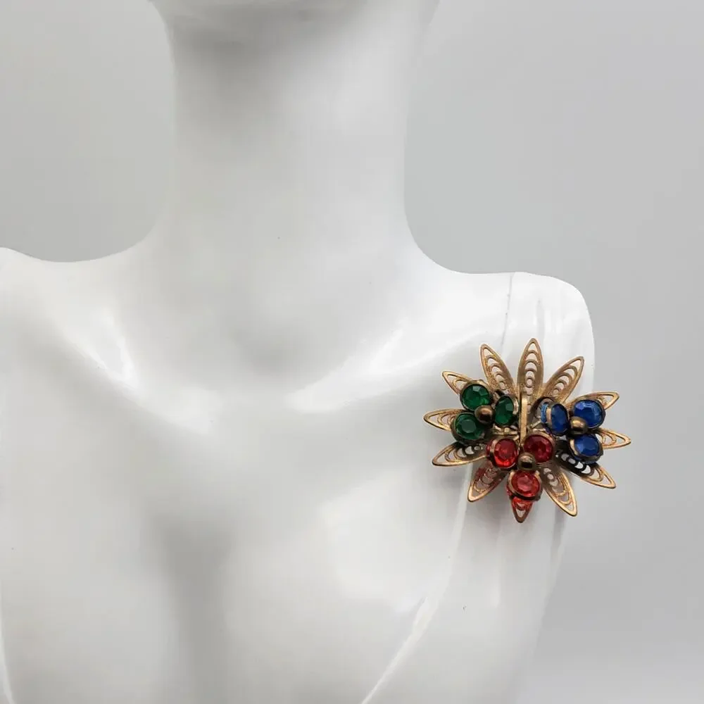 Gold Tone Filigree Brooch Orange‎ Blue Green Starburst Cluster Pin Acrylic Deco